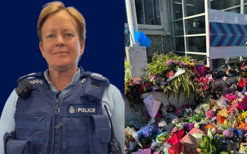 Tributes to Senior Sergeant Lyn Fleming outside the Nelson police station. Photo: NZ Police / RNZ