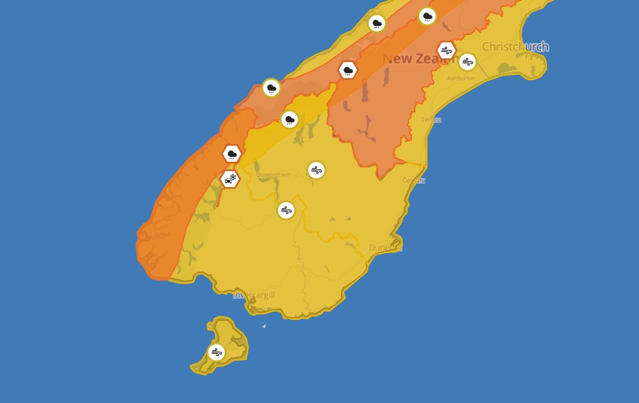 MetService weather advisories covered all of Otago and Southland on Tuesday morning. Image:...