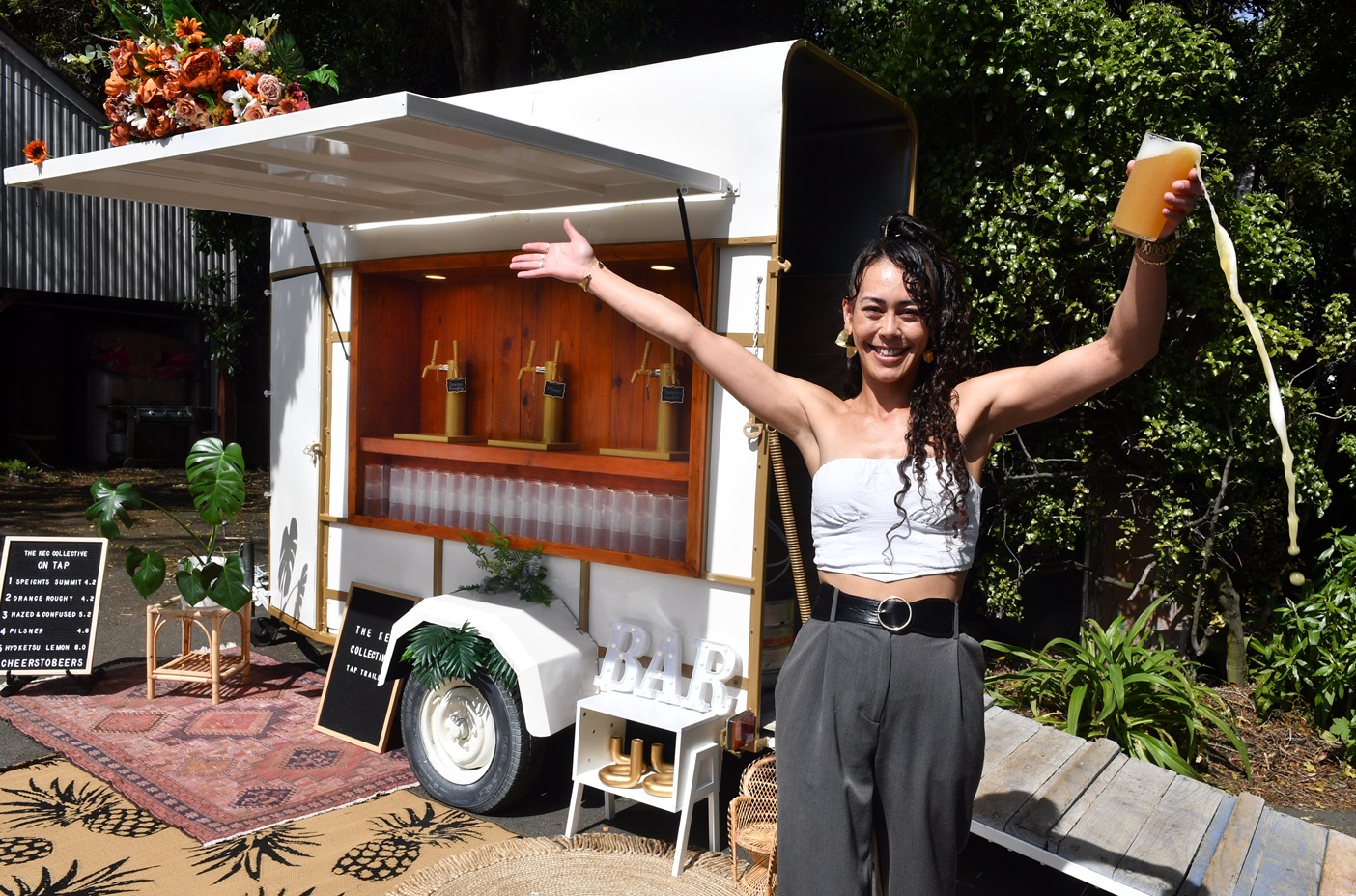 Shaquille Spooner-Nixon has converted a small horse float into a mobile self-pouring bar. Photo:...