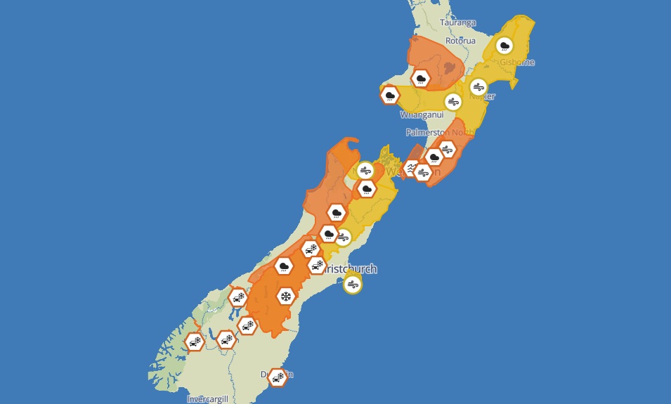 A map showing MetService's severe weather alerts on Sunday afternoon. Image: MetService