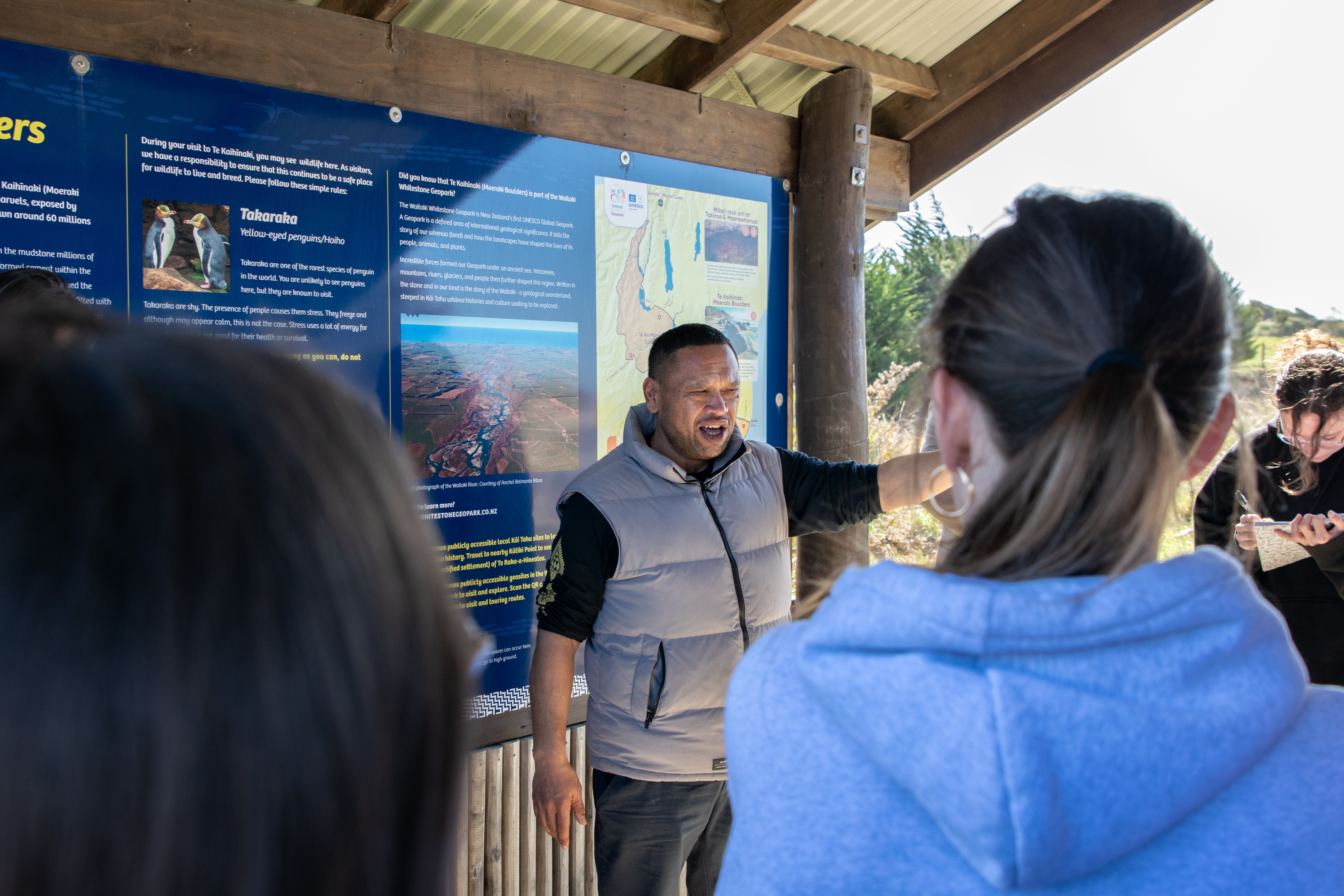 Waitaki Whitestone Geopark Trust chairman Mauriri Kimura-McGlinchey talks to visiting University...