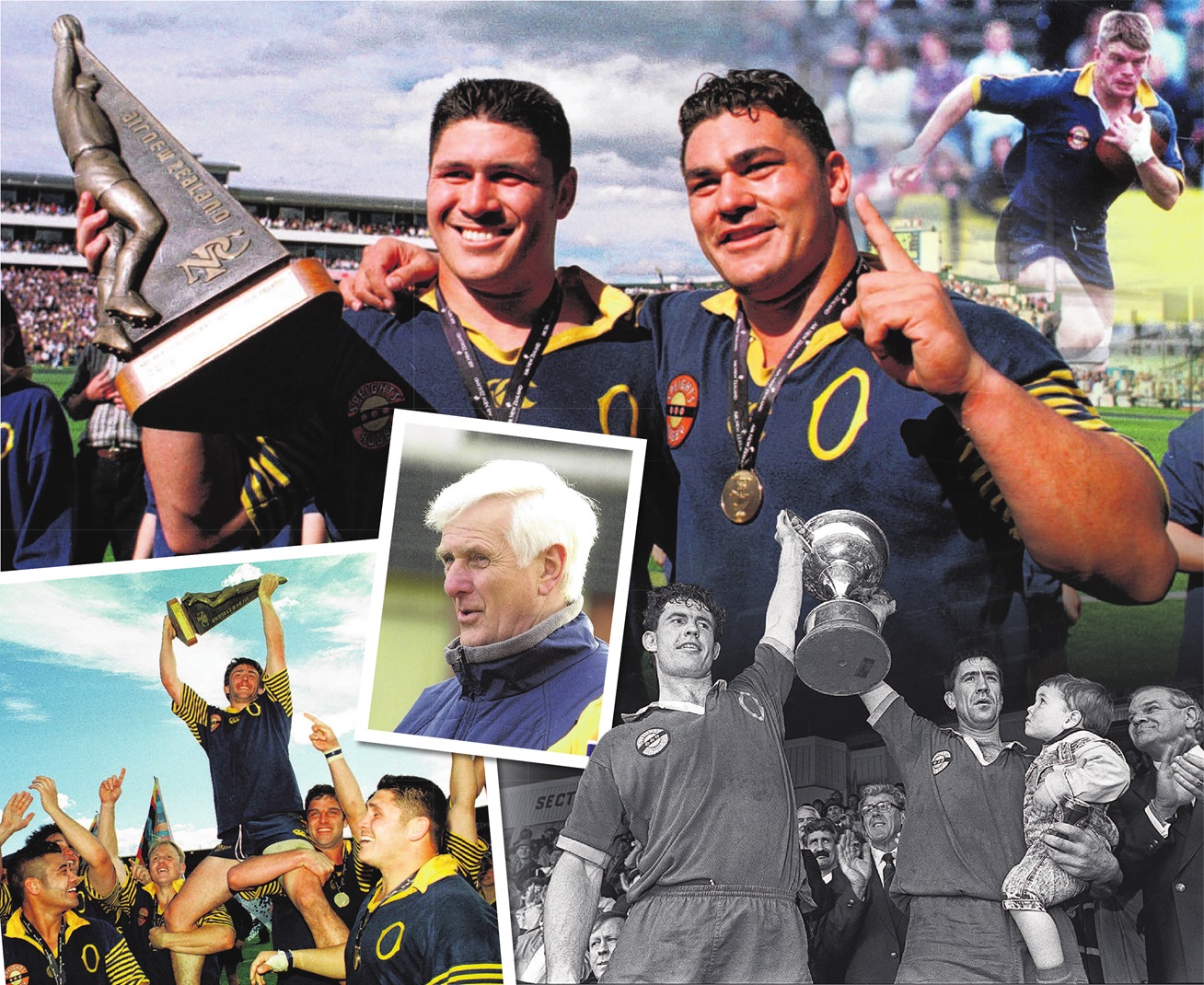 Scenes from the 1991 and 1998 Otago championship seasons (clockwise from top): props Carl Hoeft ...
