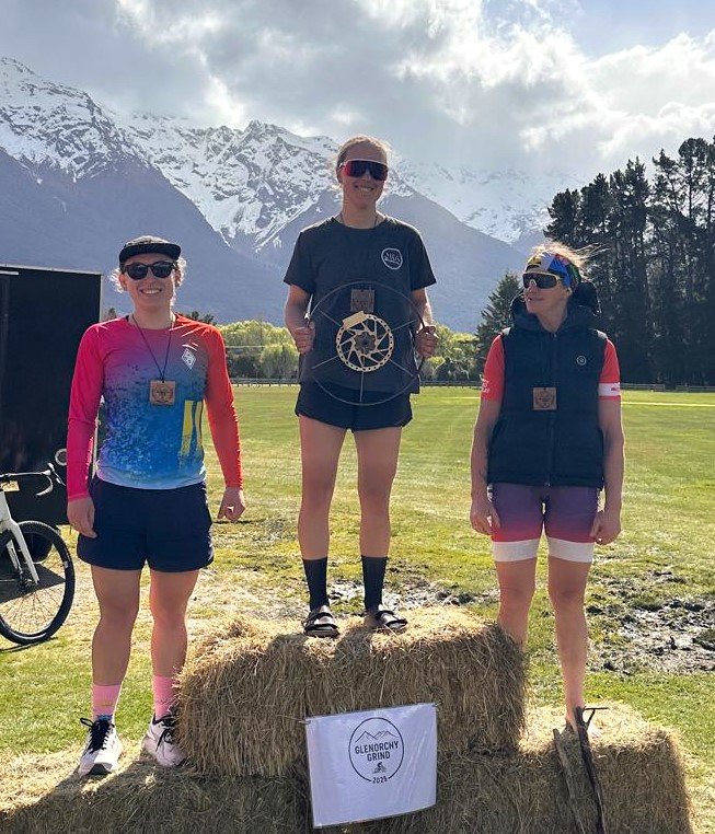 On the podium after the 160km Glenorchy Gravel Grind on Saturday are, from left, runner-up...