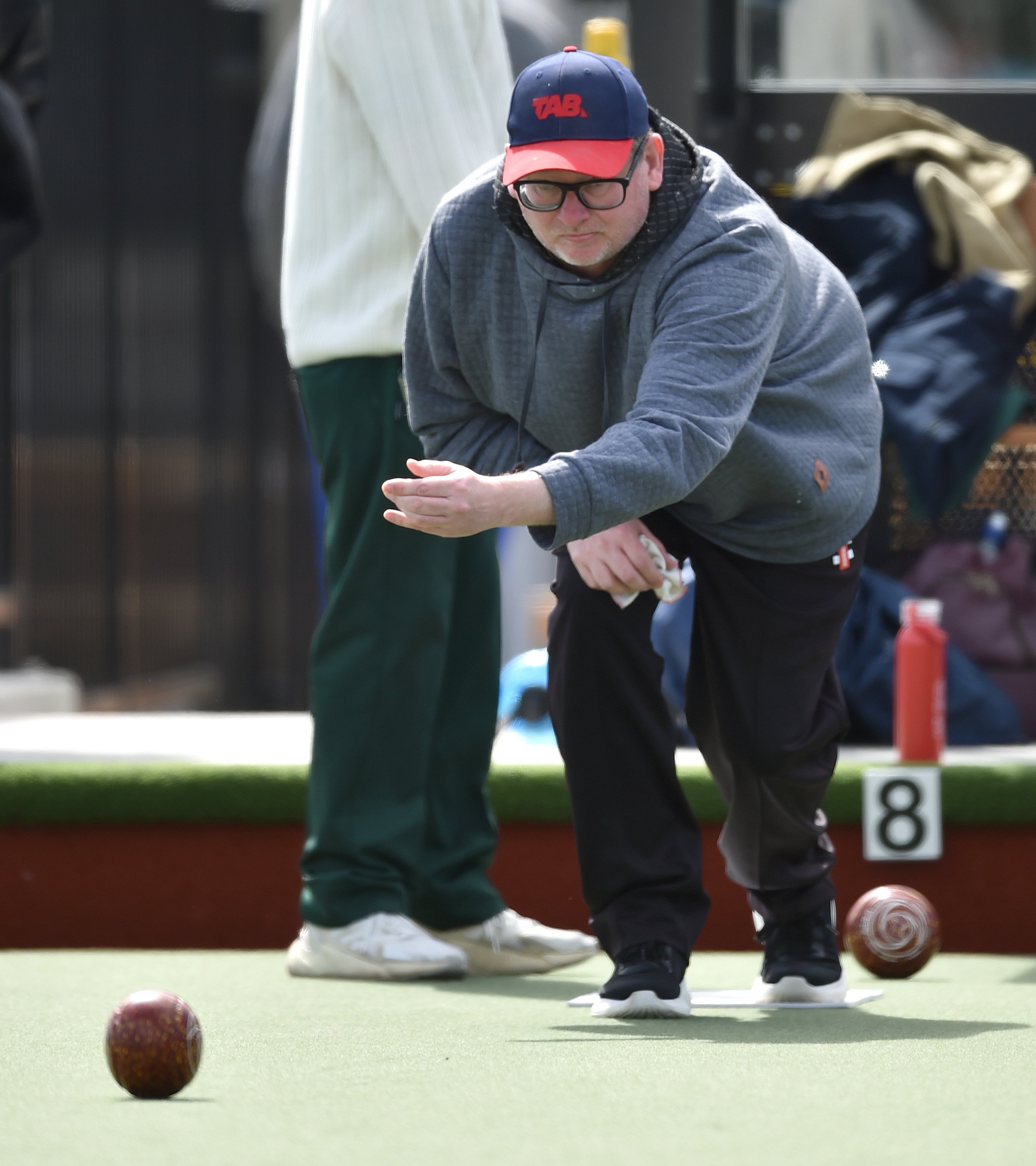 Regan Larkin bowls at Dunedin Lawn Bowls Stadium yesterday. PHOTO: GREGOR RICHARDSON