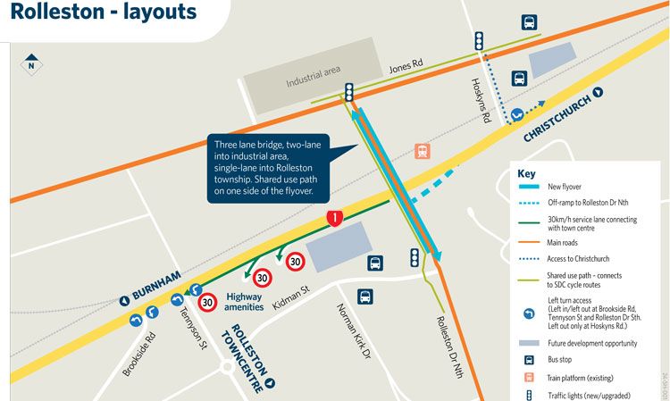 The map of the planned SH1 flyover in Rolleston. Image: Supplied