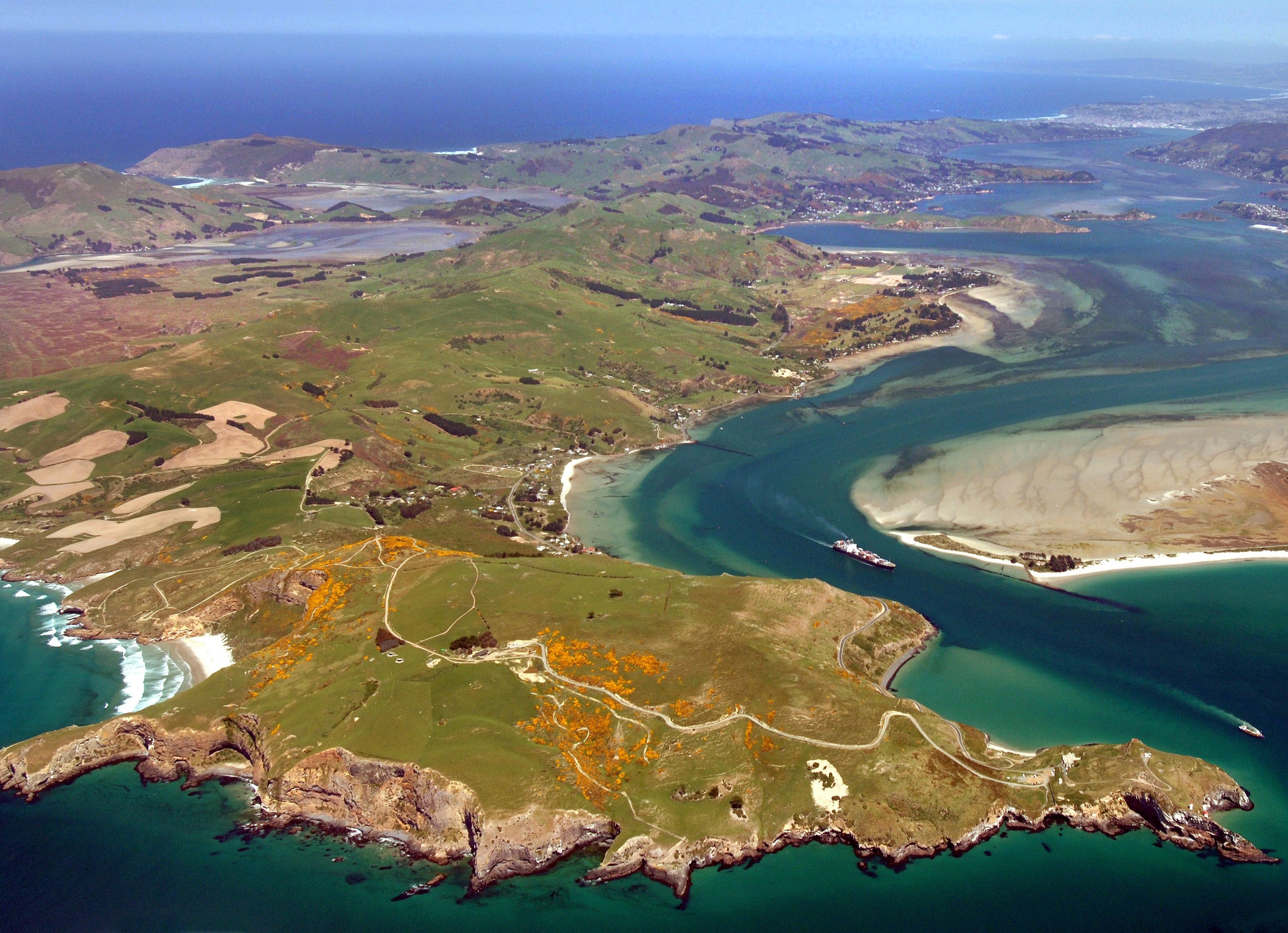 The Otago Peninsula with Taiaroa Head (foreground) and the Spit (right) looking towards Port...