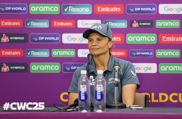 Suzie Bates talks at the White Ferns press conference yesterday at the Cricket World Cup. Photo:...