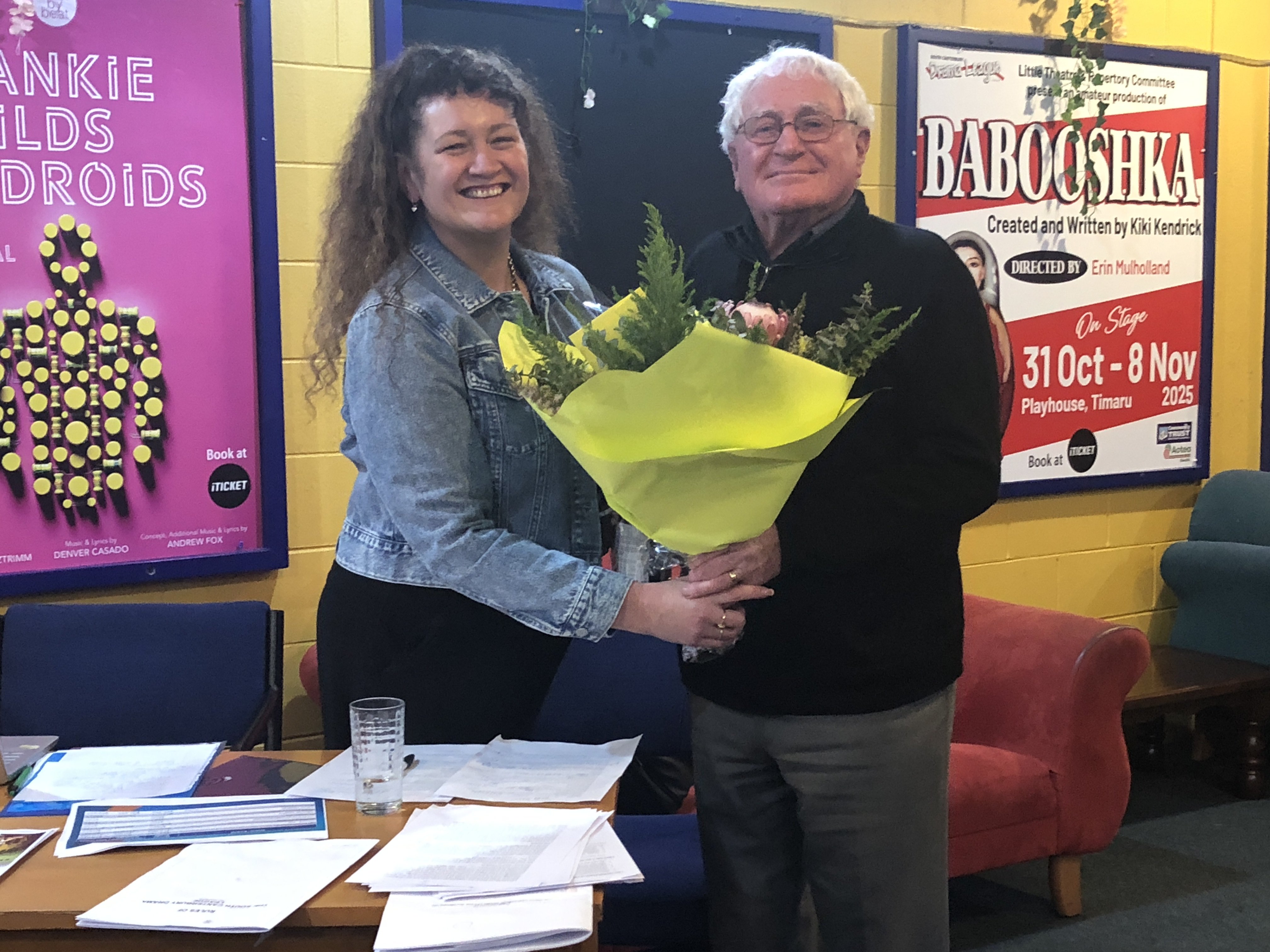 South Canterbury Drama League manager Sharleyne Diamond thanks long-time president Kevin Foley...