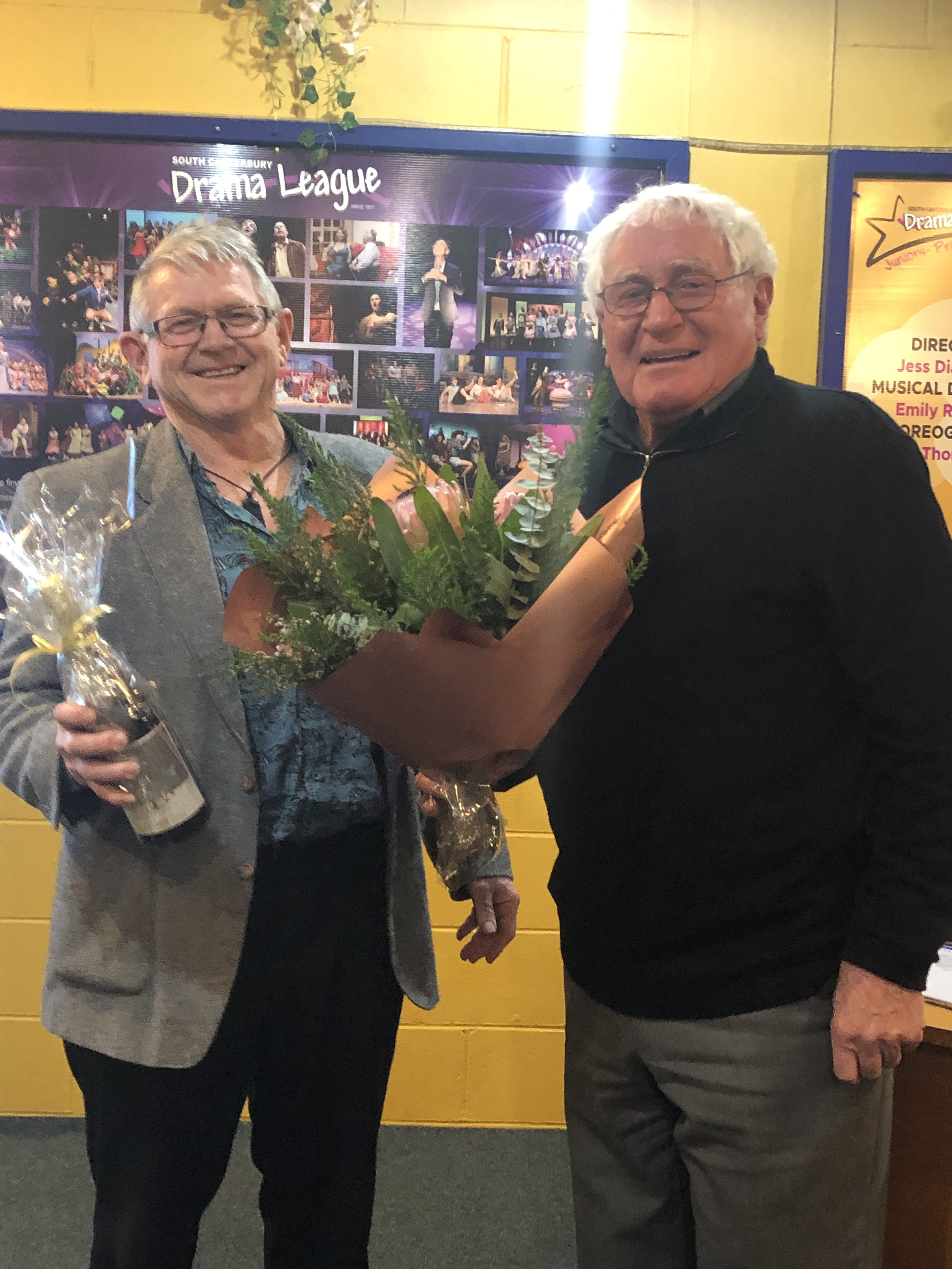 Chris Thomas (left) celebrates being made a life member of the South Canterbury Drama League with...