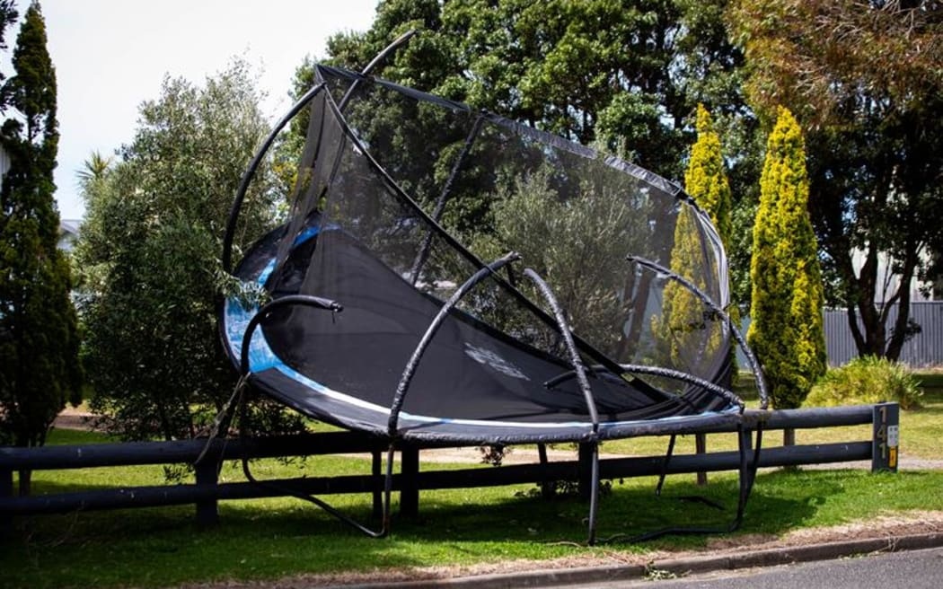 A trampoline mangled by recent wild winds. Photo: RNZ