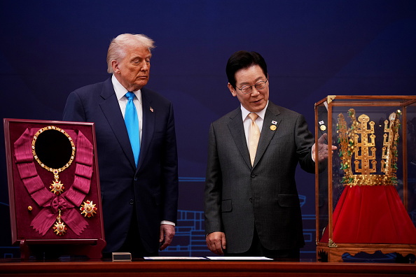 Donald Trump and Lee Jae Myung with the Grand Order of Mugunghwa and the Silla gold crown in...