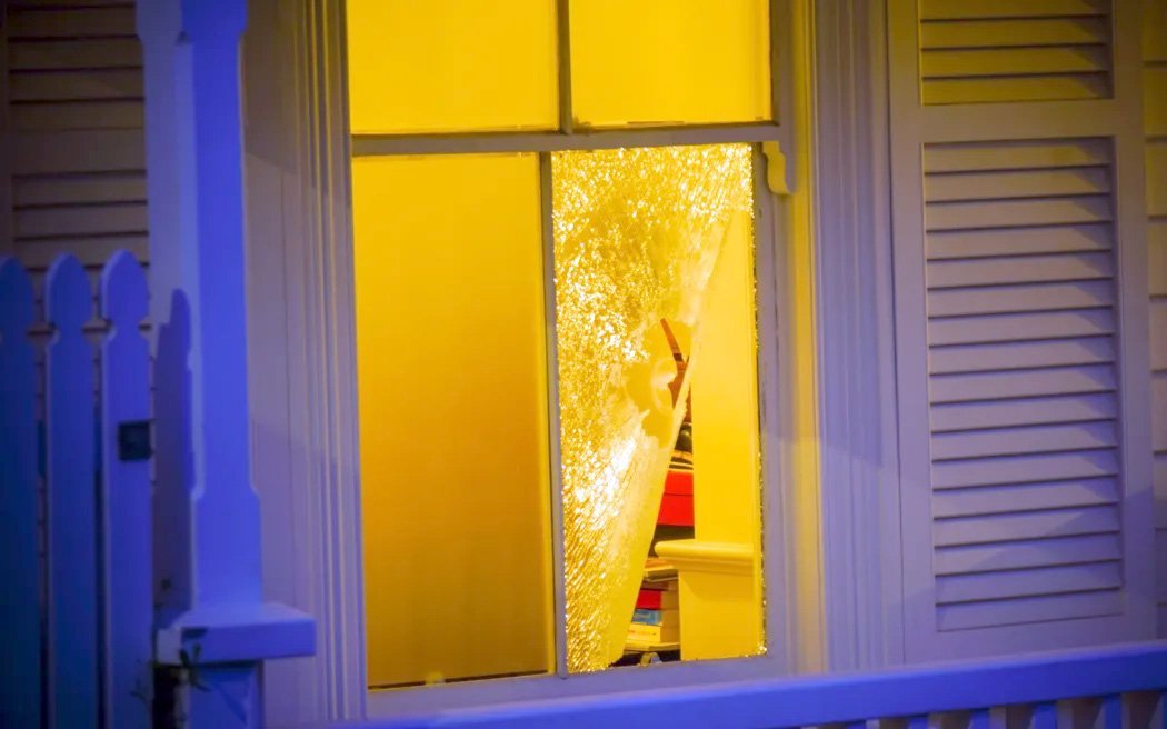 The broken window at Winston Peters’ home. PHOTO: RNZ
