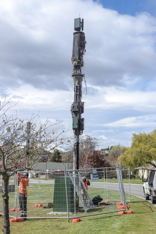 A cell phone tower near the Wanaka Cemetery was destroyed by a fire last week. Photo: Rawan Saadi