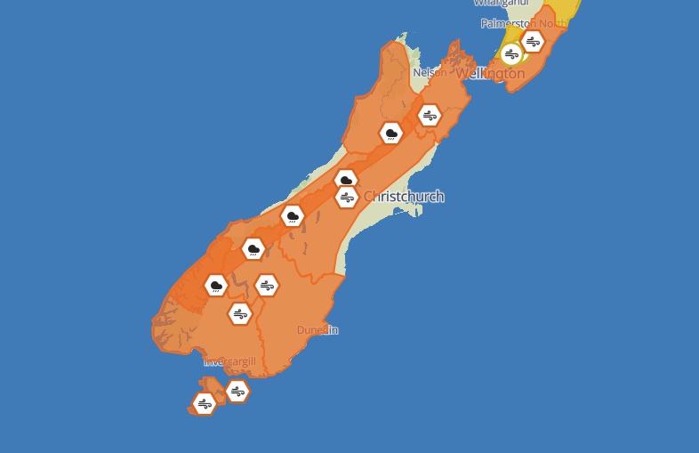 MetService's severe weather alerts on Monday morning. Image: MetService
