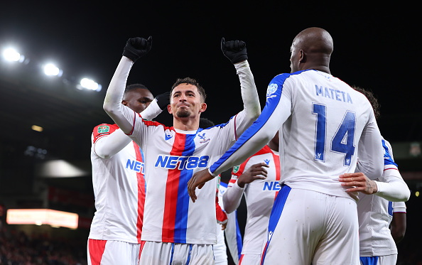 Yeremy Pino of Crystal Palace celebrates scoring his team's third goal with teammates during...