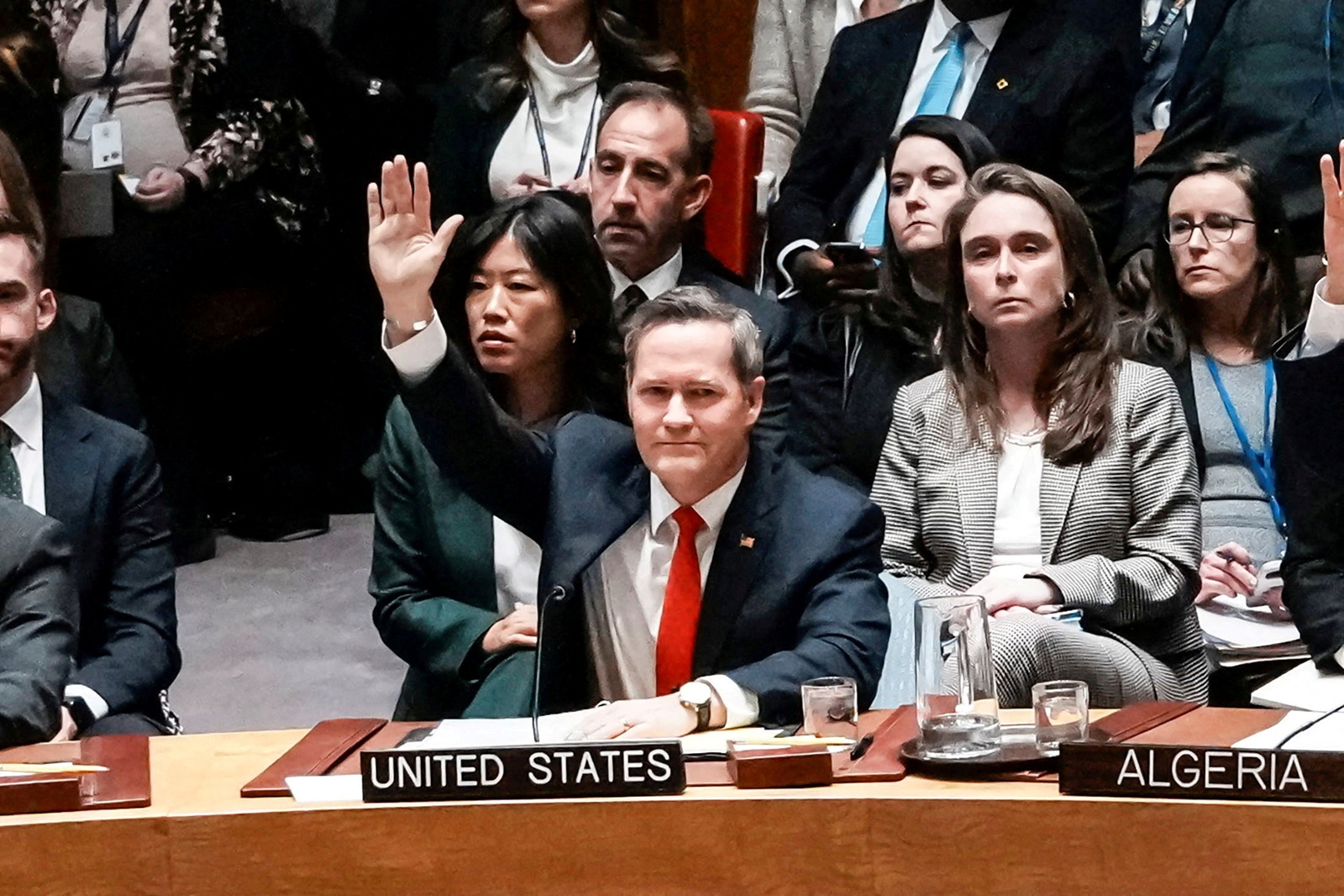 US Ambassador to the United Nations Michael Waltz votes in favour of a resolution to consider a...