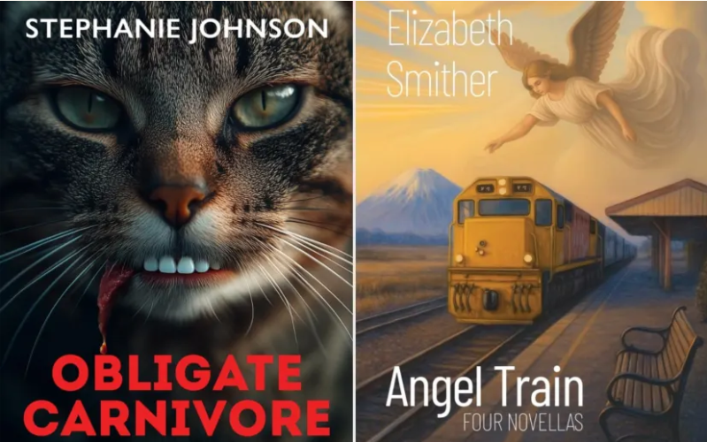 Covers of Stephanie Johnson's Obligate Carnivore and Elizabeth Smither's Angel Train.
...