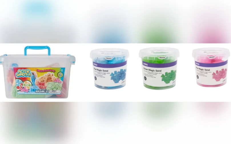 The Kmart 14-piece Sandcastle Building Set, Blue Magic Sand, Green Magic Sand, Pink Magic Sand...