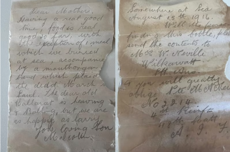 A letter in a bottle written by a soldier to his mother 109 years ago has been found on a beach...