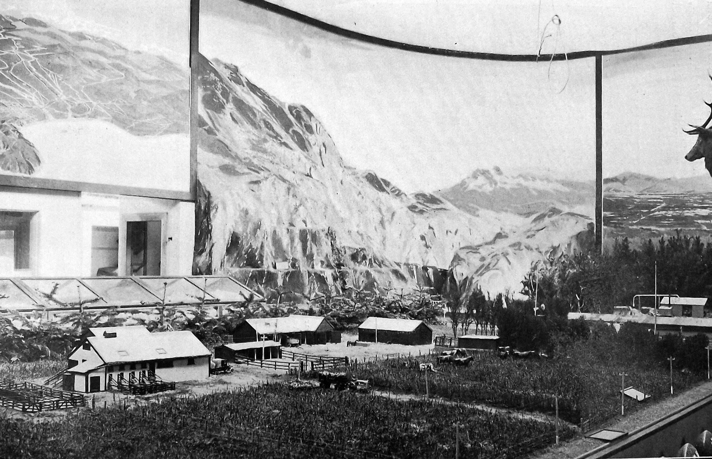 A diorama with painted background and model farm in the Canterbury provincial court, New Zealand...