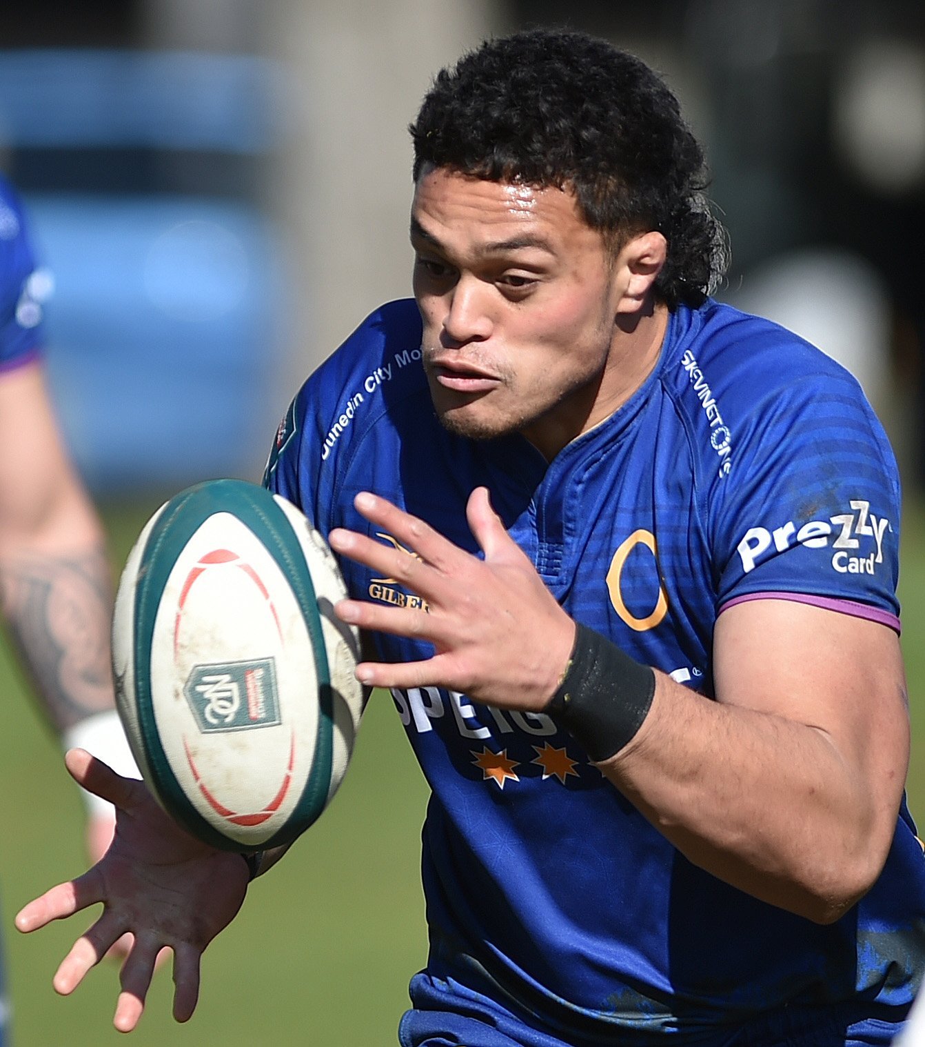 All Black and Otago No8 Christian Lio-Willie hits the ball up during a training session at Logan...