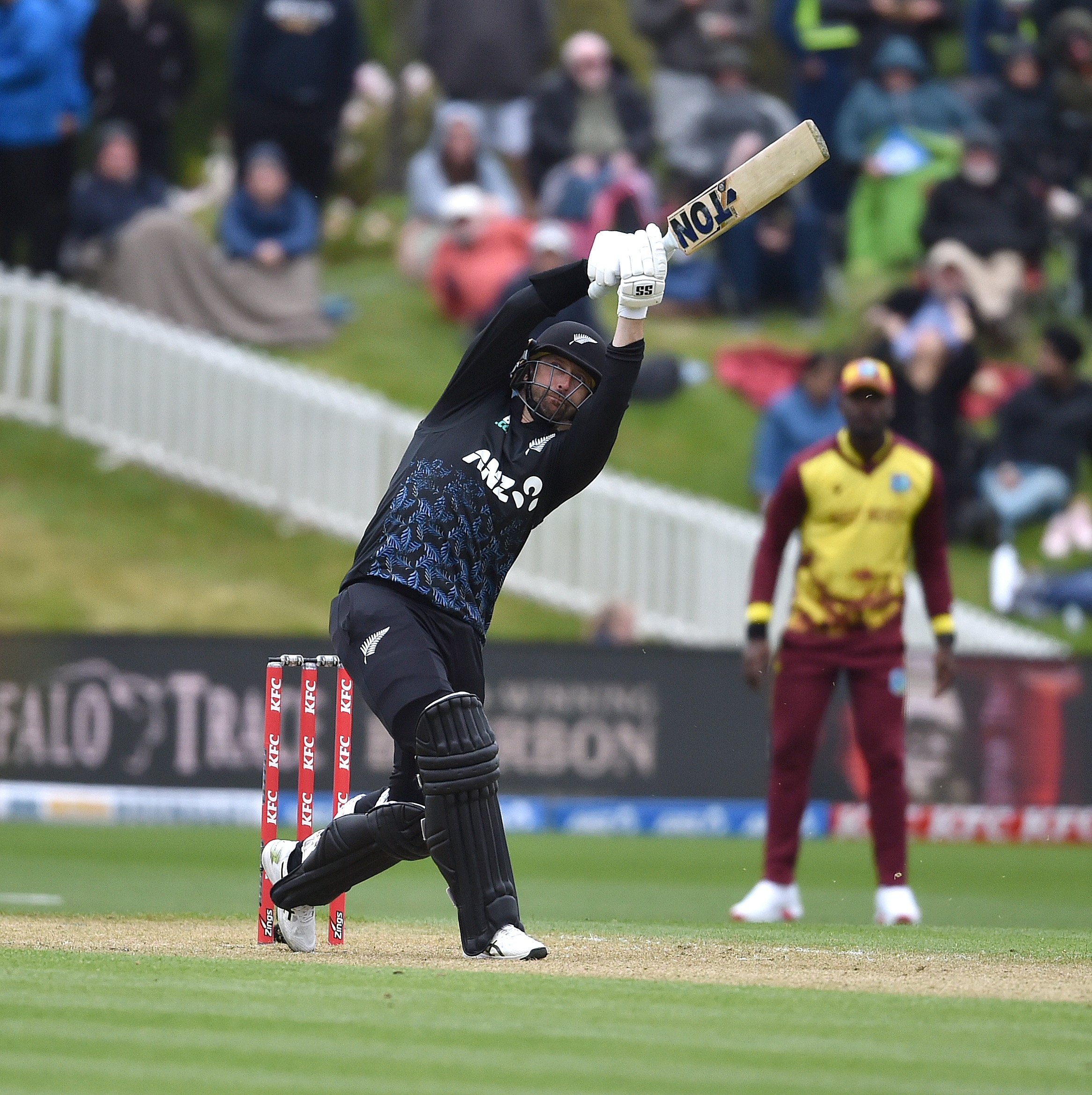 Black Caps opening batsman Devon Conway launches into a delivery during his team’s fifth twenty20...