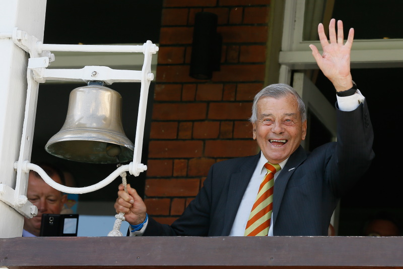 Former umpire Dickie Bird rings the bell ahead of a test match at Lord's cricket ground in London...