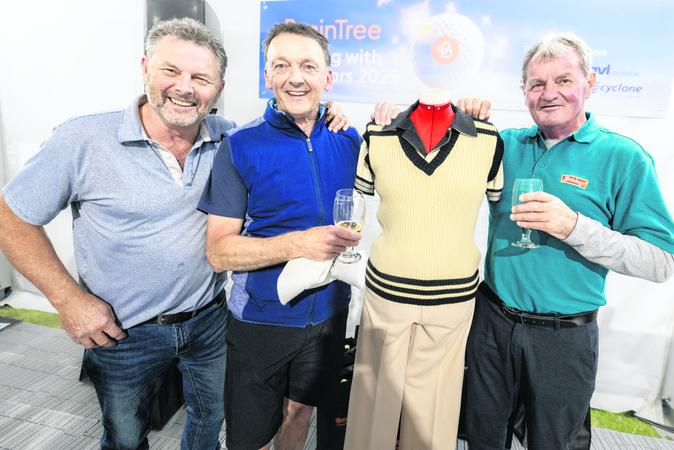 Brian McKechnie, right, reunited with the beige kit from cricket’s infamous underarm incident,...