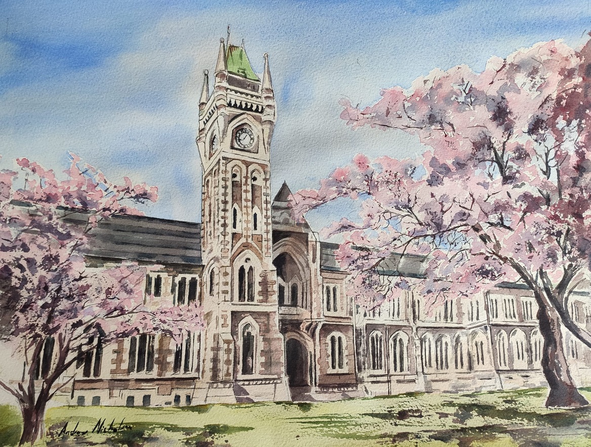 A watercolour painting of the University of Otago clock tower building by Dunedin watercolour...
