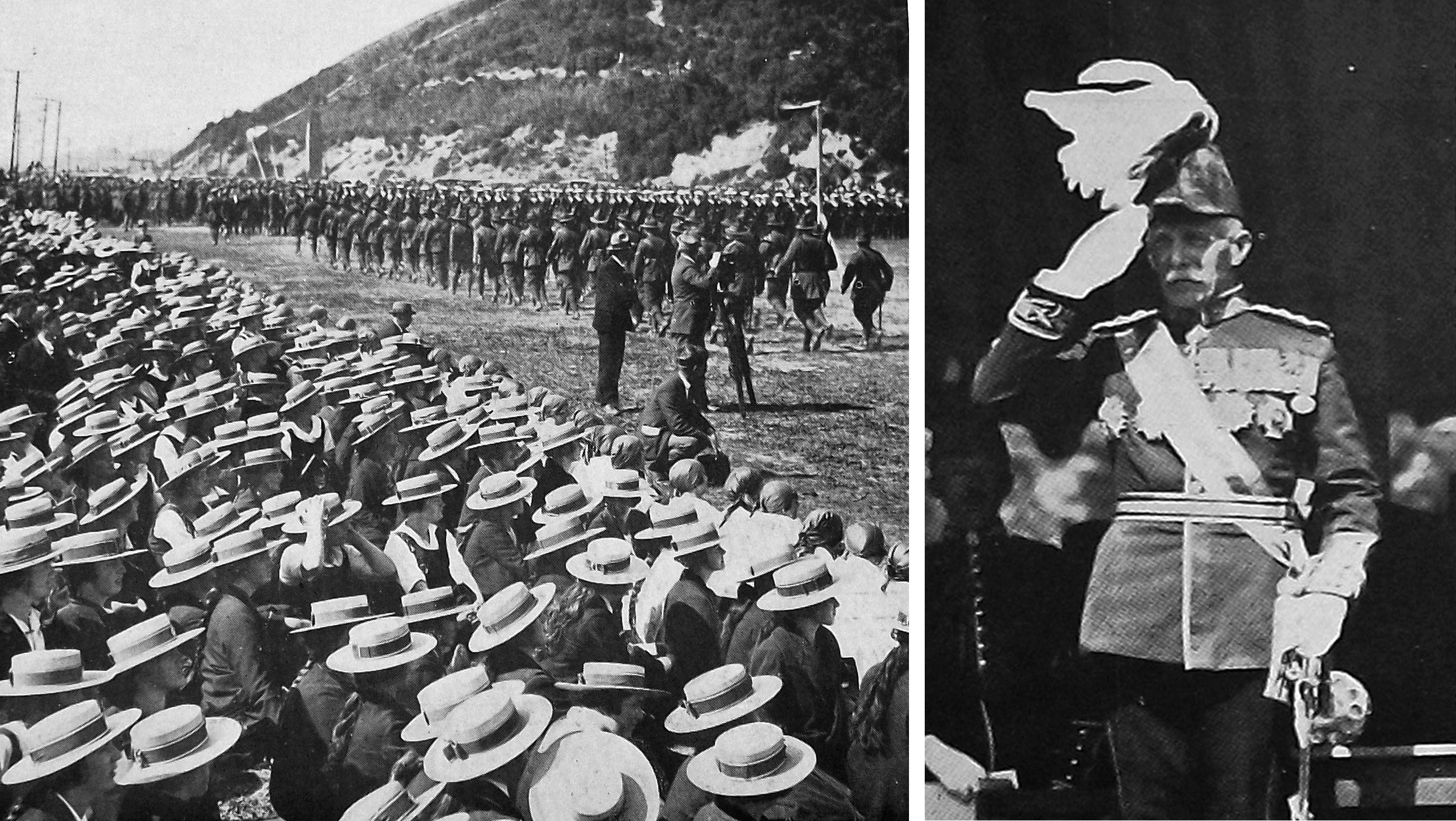 Schoolgirls watch as troops march past while Governor-General Sir Charles Fergusson takes the...