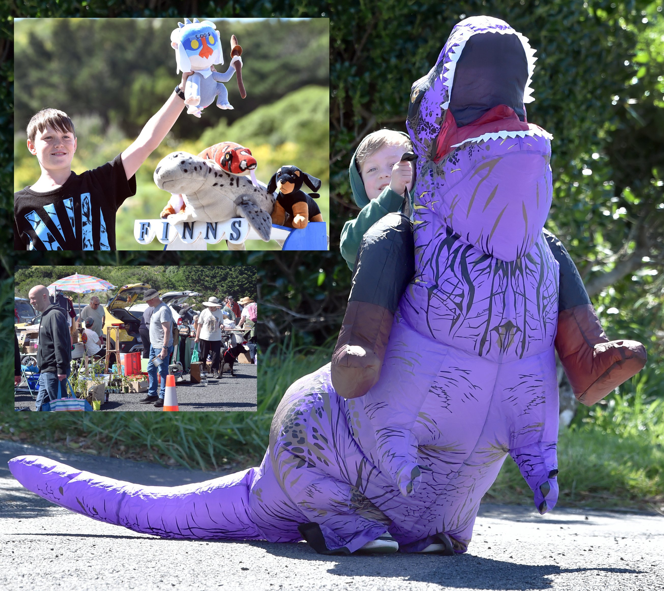 Harry Powell, 5, rides his newly purchased dinosaur at the Tomahawk car boot sale yesterday....