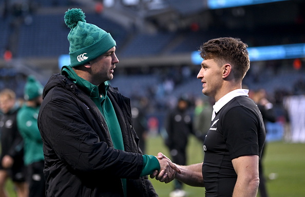 Tadhg Beirne of Ireland and Beauden Barrett of New Zealand after the Gallagher Cup match between...