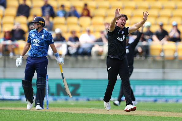Zac Foulkes claims the wicket of England dangerman Joe Root. Photo: Getty Images