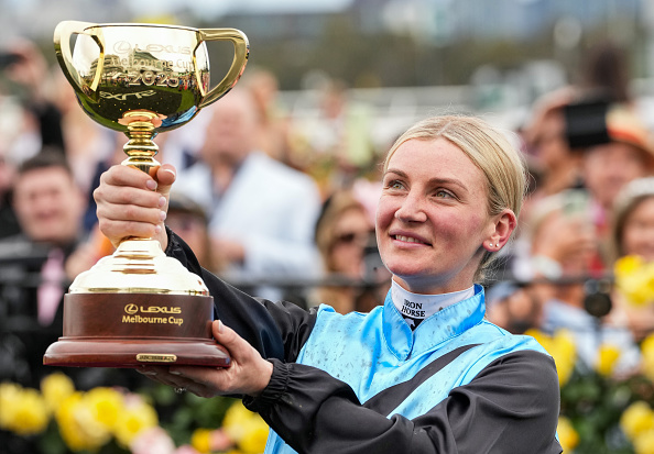Jamie Melham celebrates winning the Melbourne Cup on Tuesday. Photo: Getty Images
