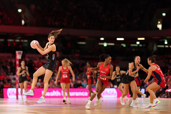 Silver Fern Georgia Heffernan in action against England Roses earlier this month. Photo: Morgan...