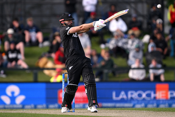 New Zealand's Daryl Mitchell hits out during the first ODI against West Indies at Hagley Oval in...
