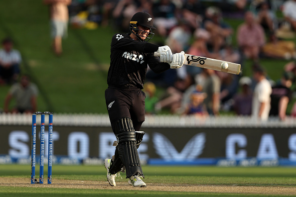 Black Cap Mark Chapman plays a shot during the third ODI match against the West Indies on...