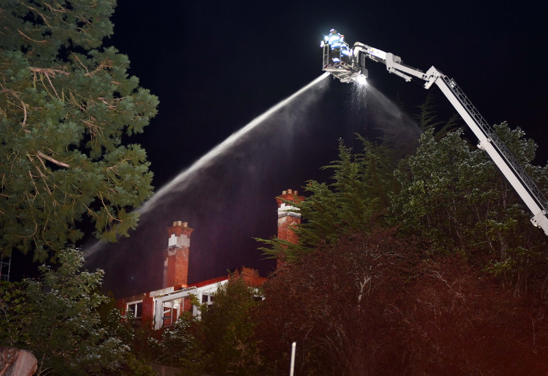An aerial appliance fights the fire at Glamis Private Hospital this morning. Photo: Stephen Jaquiery