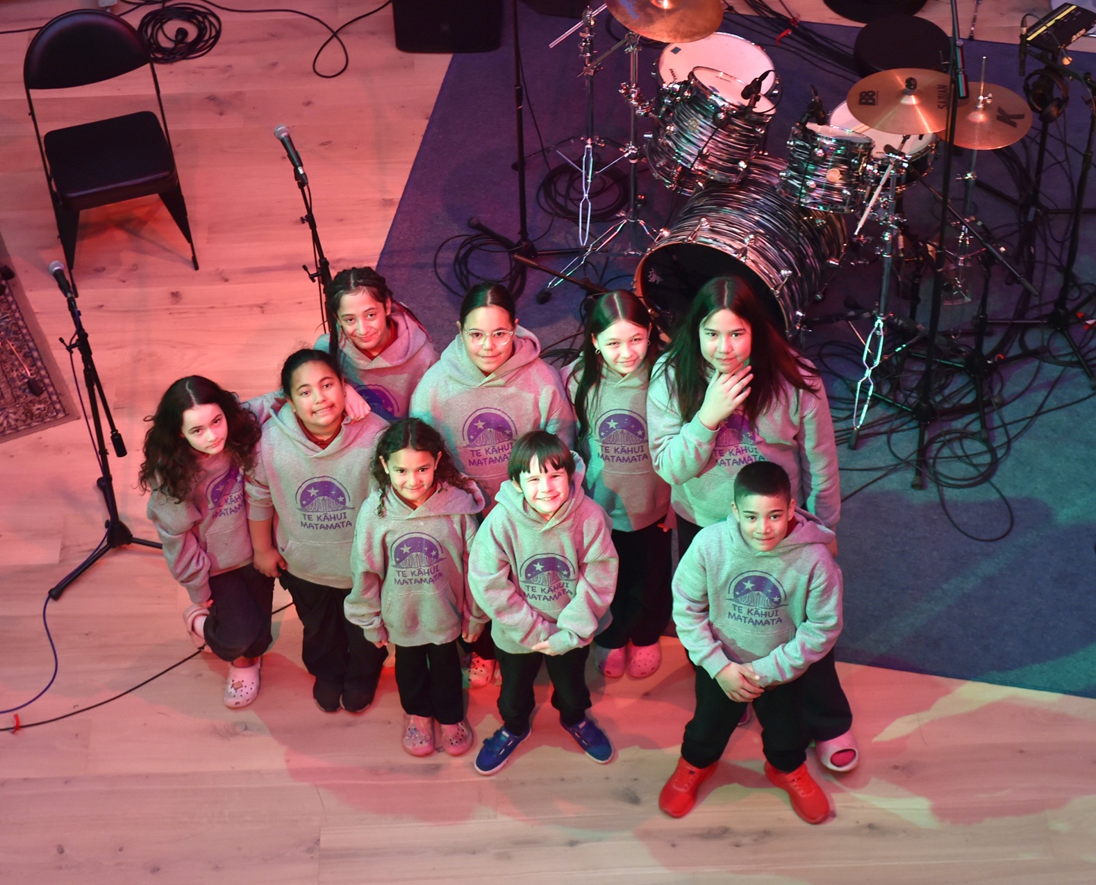 Te Kāhui Matamata in the studio are (back row from left) Honour Thompson, Ava-Rome Kake, Aniwa...