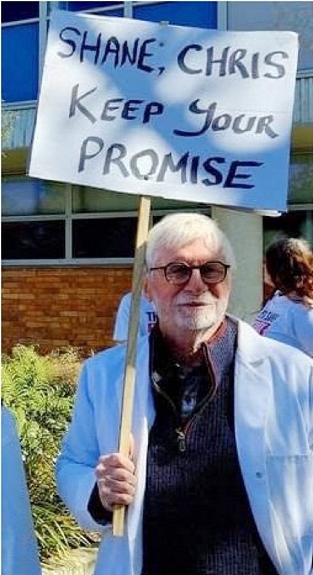 Mac Gardner protesting hospital cuts. 