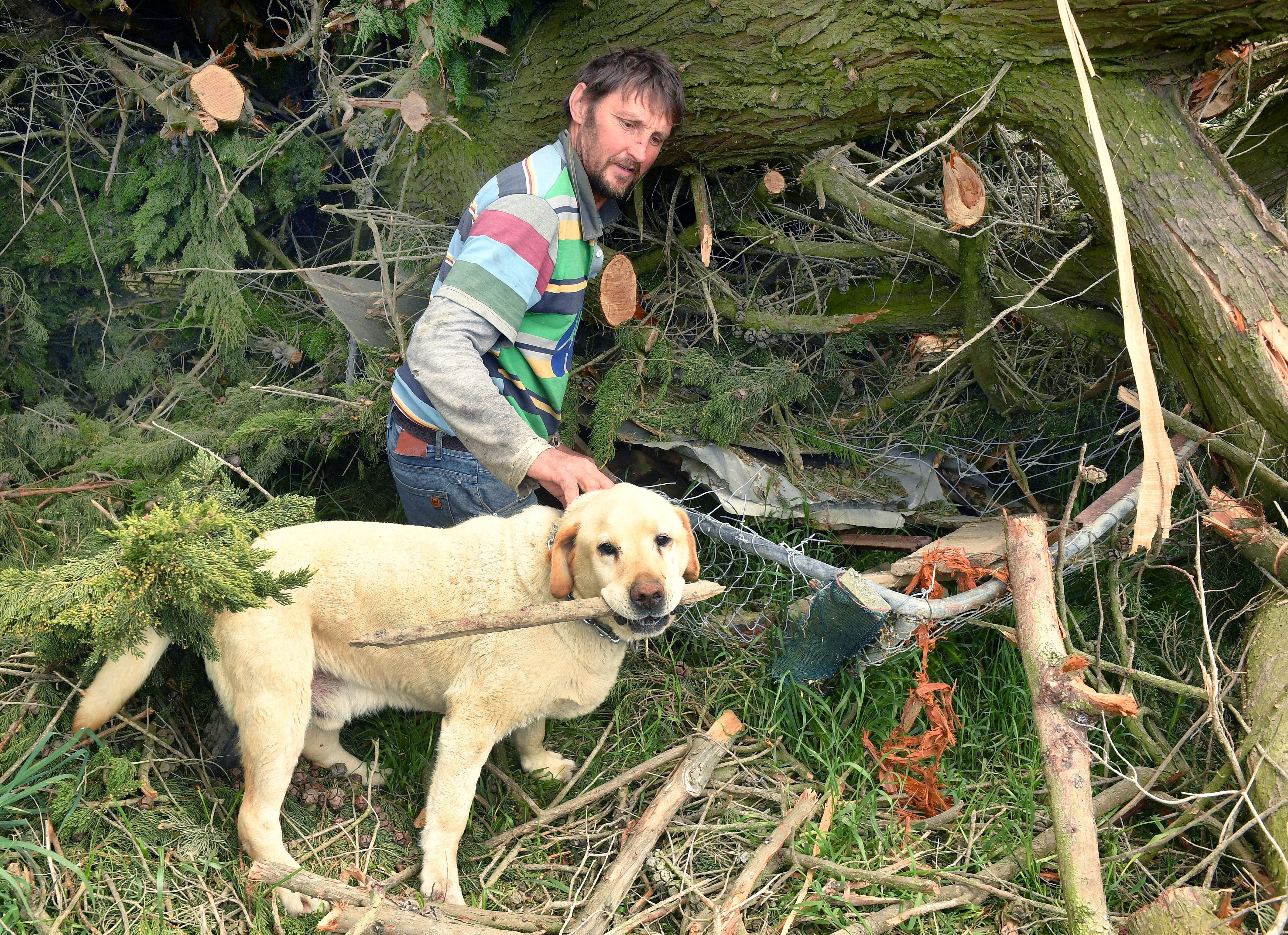Toko Mouth farmer Simon Davies with his dog Murphy, whom he found in his kennel buried under a...