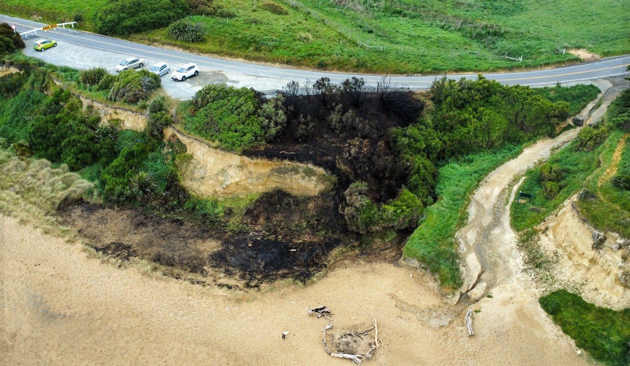 An aerial view shows the path of the fire. Photo: Jayden Savieti