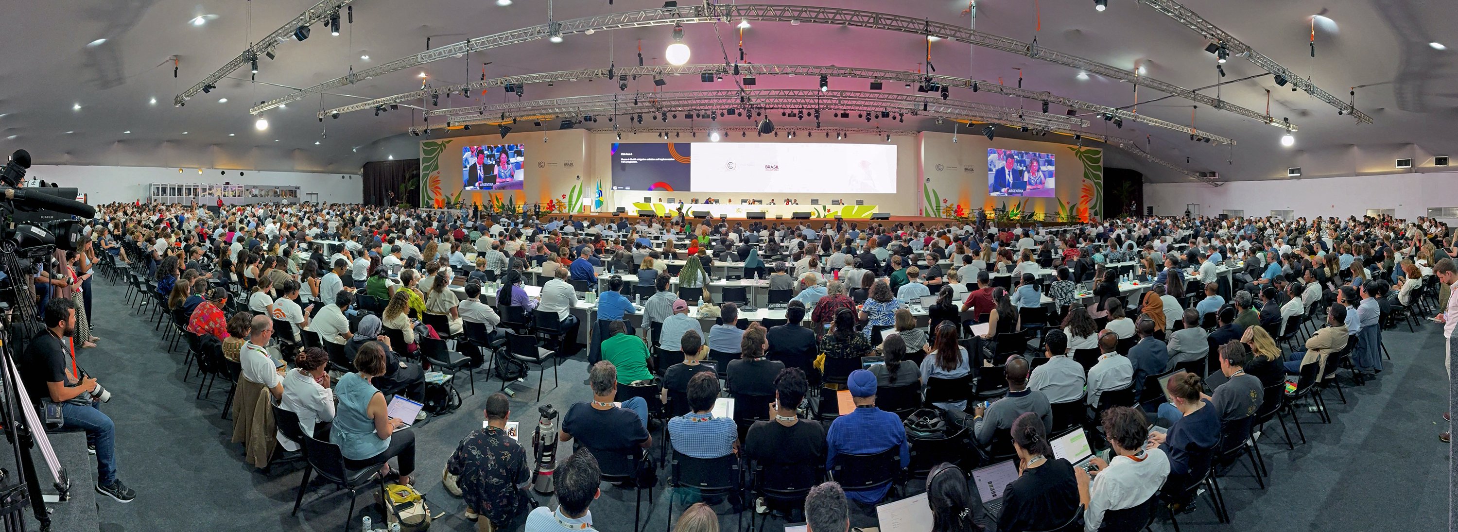 This panoramic image shows the plenary session at the COP30 UN Climate Change Conference in Belem...