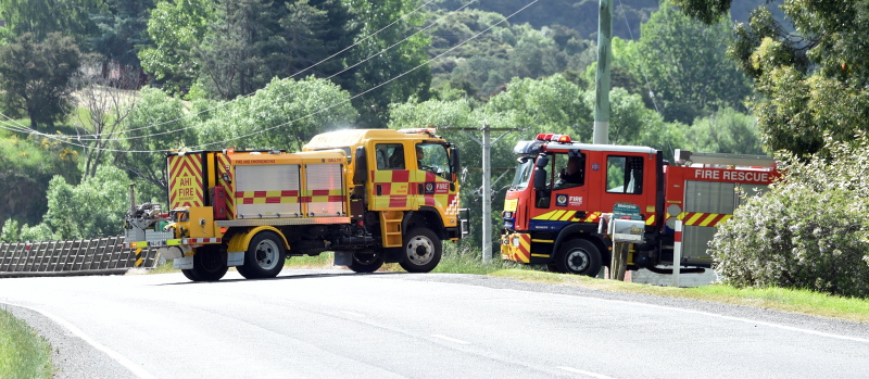 Fire and Emergency crews at the vegetation fire at Outram Glen today. Photo: Peter McIntosh