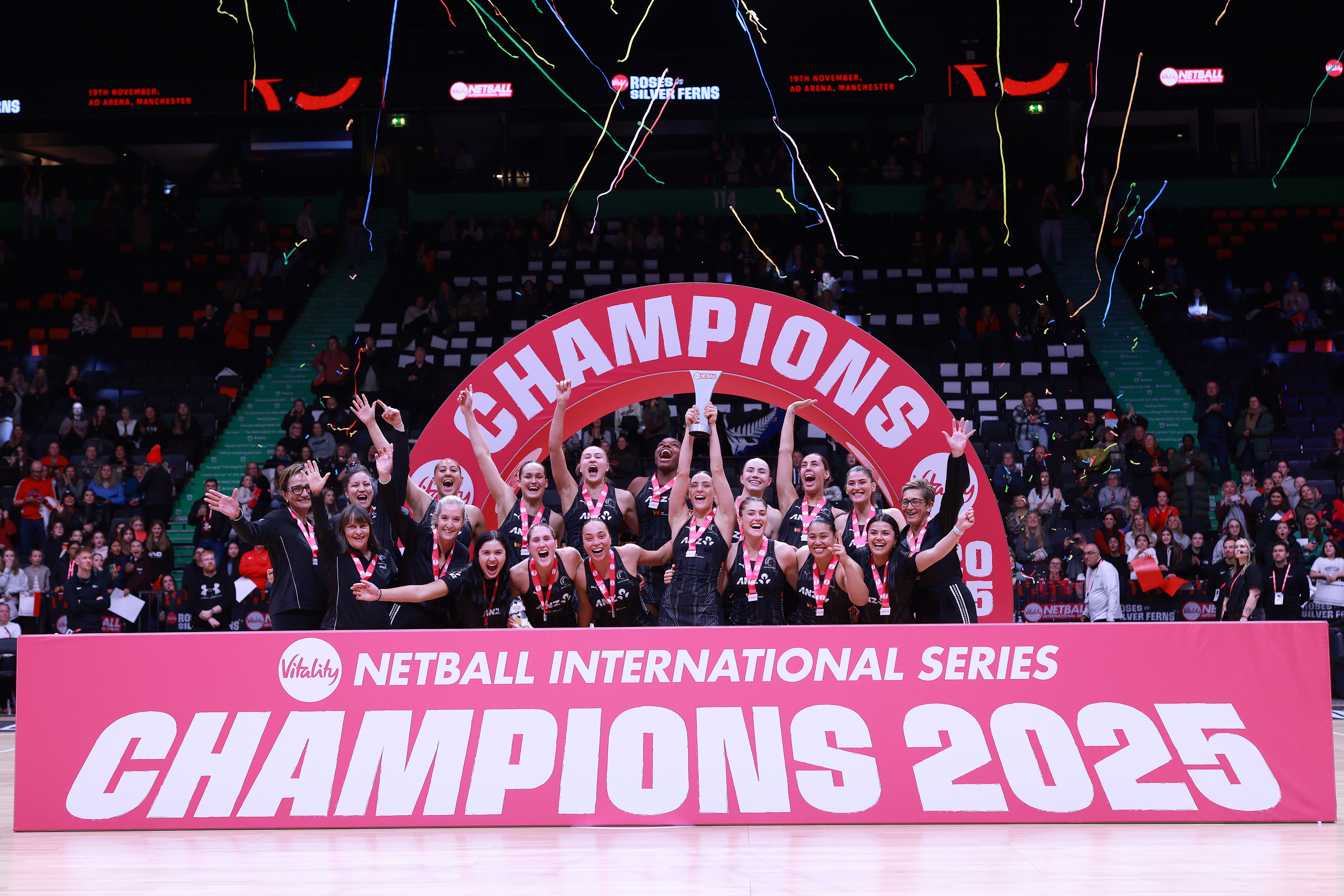 The Silver Ferns celebrate winning the Vitality Series Trophy after their win against England in...