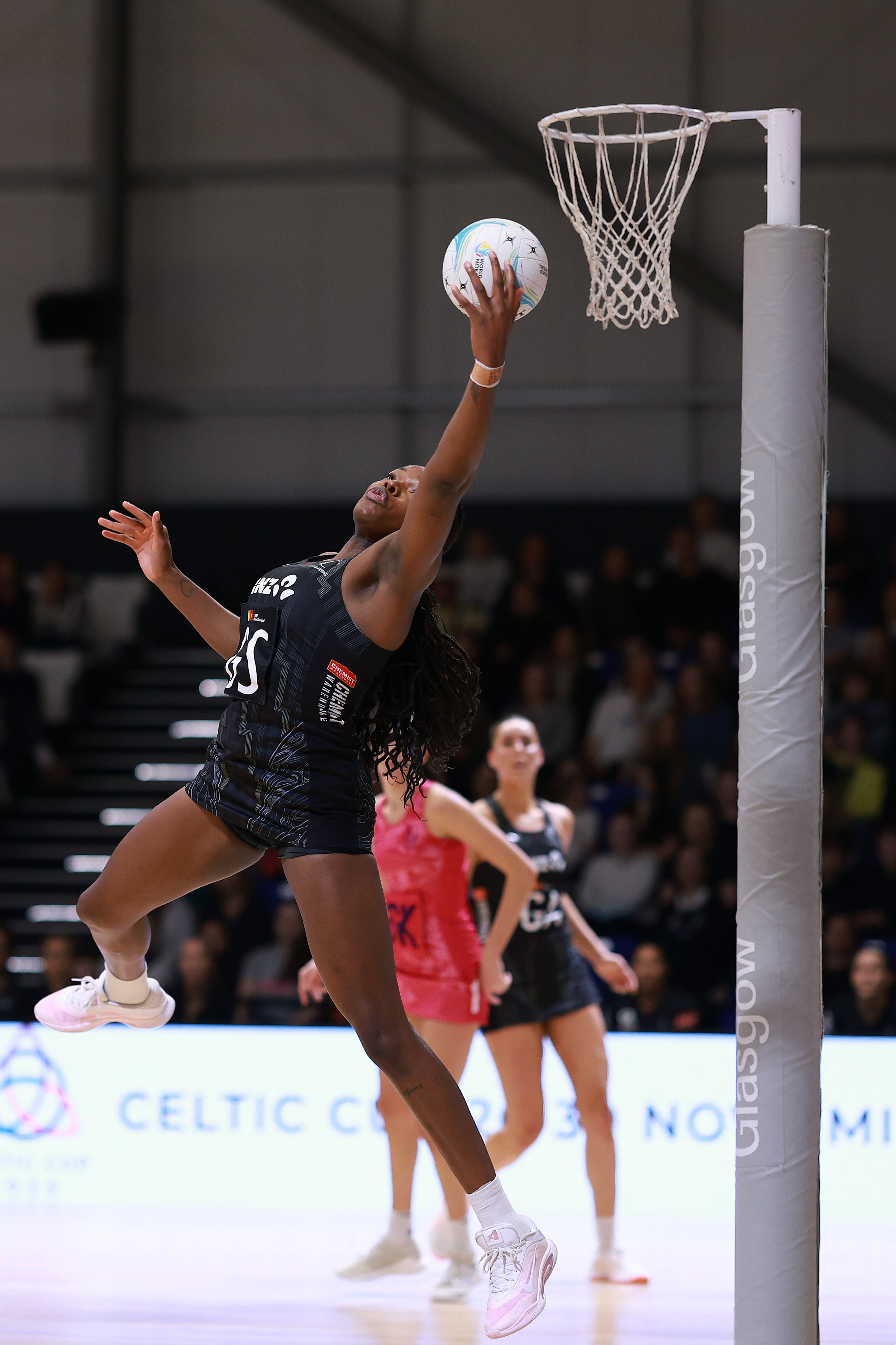 Silver Ferns shooter Grace Nweke hauls in the ball during test two against Scotland in Glasgow....