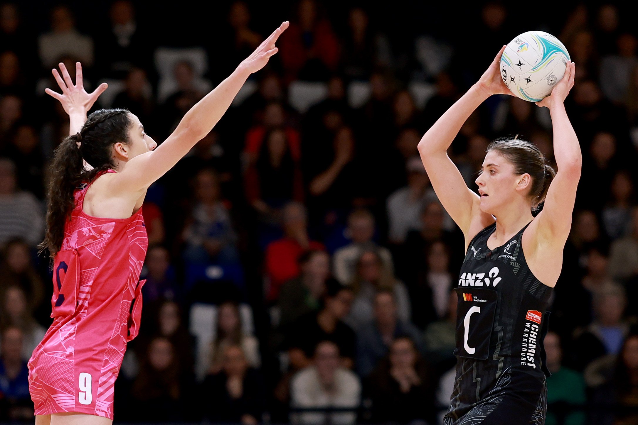 Silver Fern centre Kate Heffernan looks for her options under the pressure of Scottish centre...