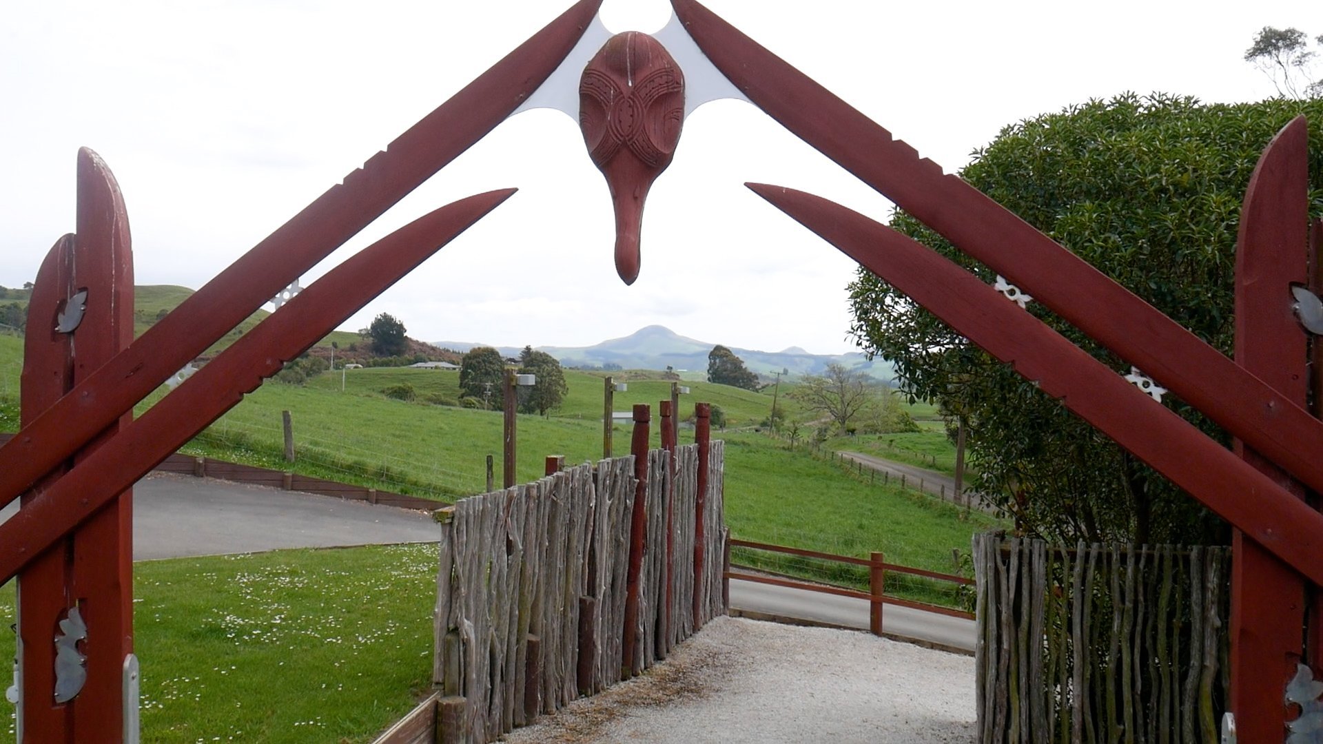 Hikaroroa Mt Watkin is framed by the entrance to Puketeraki Marae. PHOTO: LUKE CHAPMAN