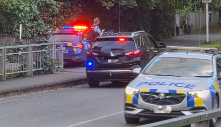 Police at one of the cordons set up on the corner of Nile St and Tory St in central Nelson during...