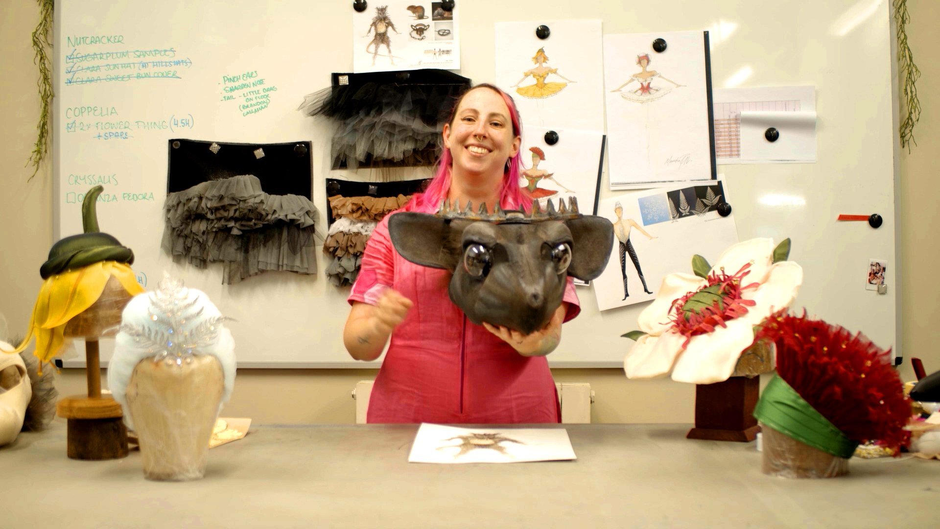 Victoria Grindley with the rat king mask and some of her other creations for The Nutcracker....
